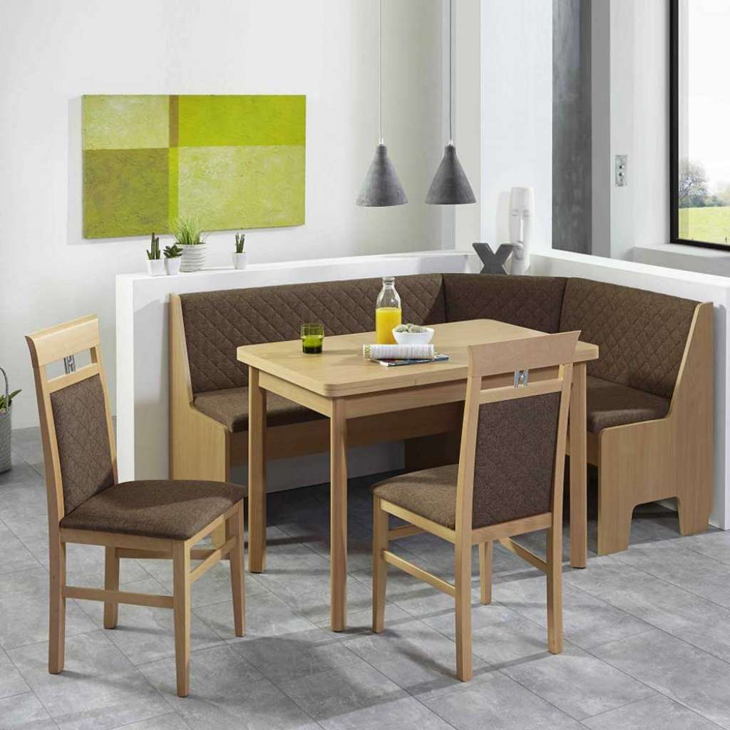 Essecke in Braun Stoff und Buche ausziehbarem Tisch (4-teilig)