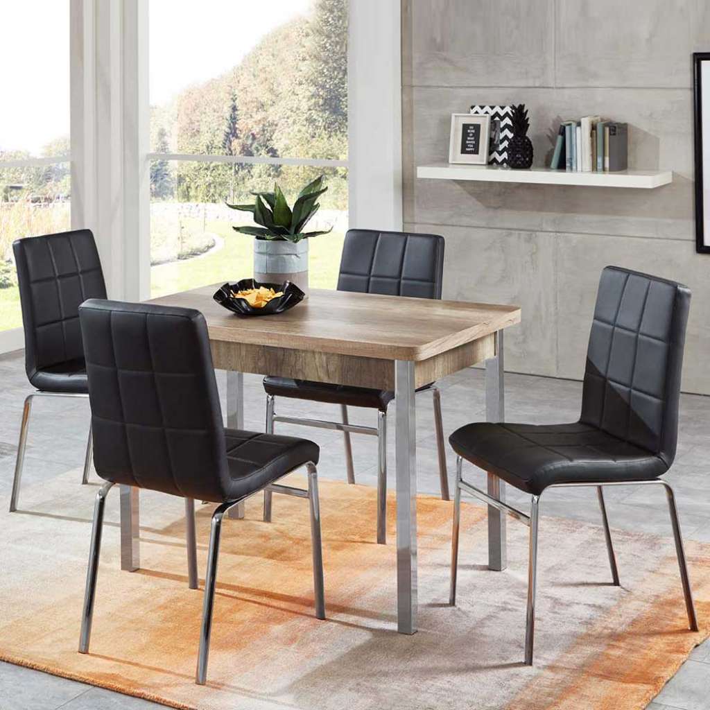 Essgruppe mit ausziehbarem Tisch Sonoma Eiche und Schwarz Kunstleder (5-teilig)