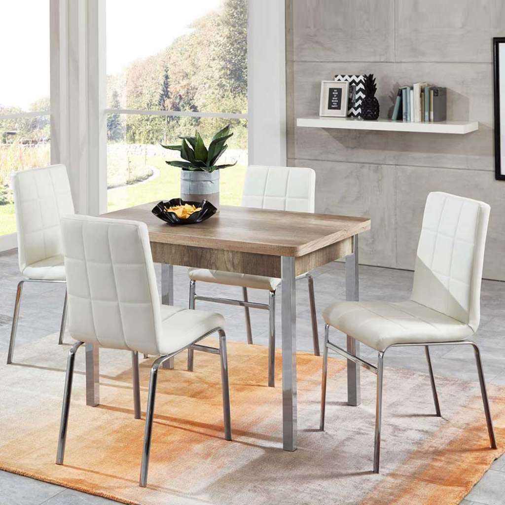 Essgruppe in Weiß und Eiche Sonoma ausziehbarem Tisch (5-teilig)