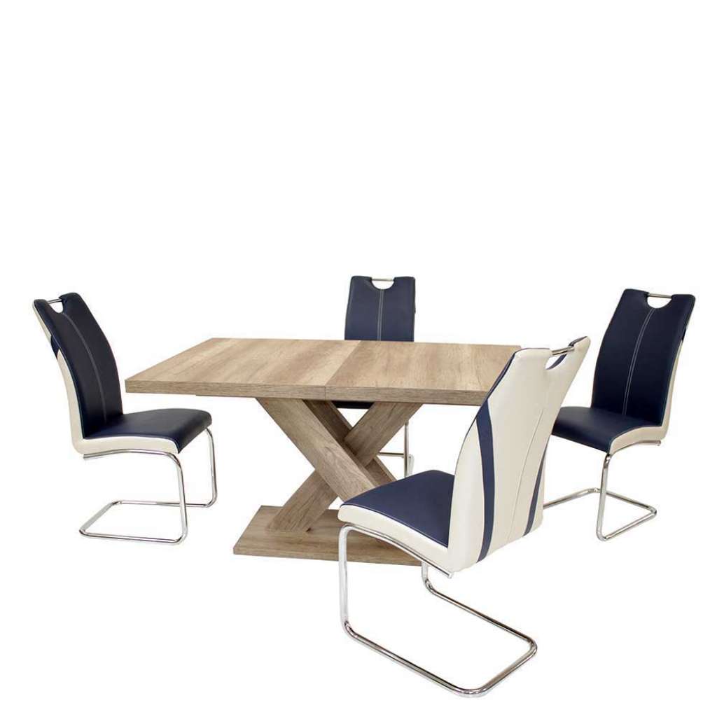 Esszimmergruppe in Blau Weiß gestreift und Eiche Sonoma modern (5-teilig)