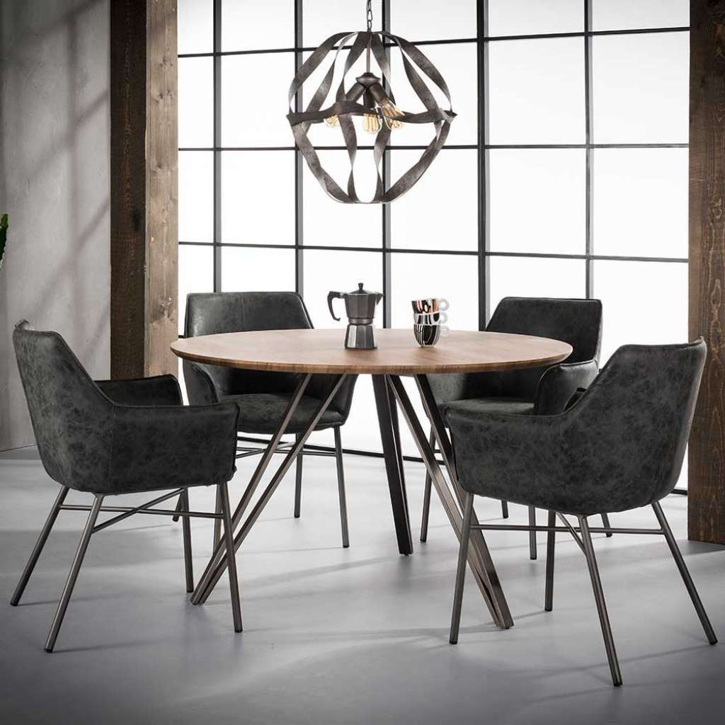 Runder Tisch in Eiche und Stahl 120 cm breit