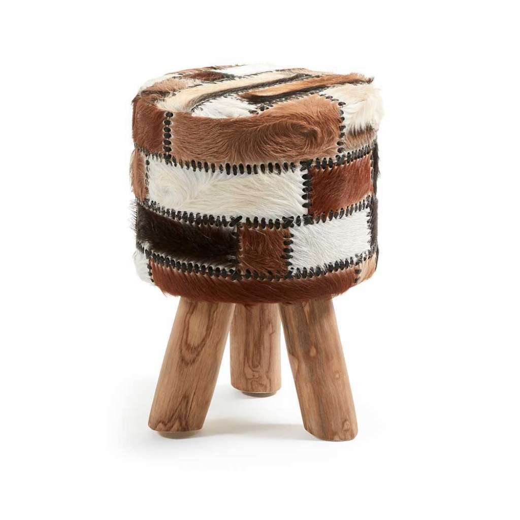 Ziegenfell Hocker in Braun Weiß Patchwork Optik Teak Massivholz