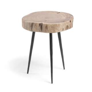 Runder Sitzhocker mit Baumscheibe Akazie Massivholz und Stahl