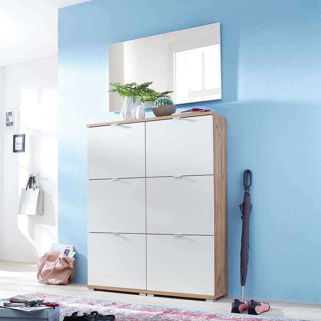 Schuhschrank und Spiegel in Weiß und Eiche modern (3-teilig)