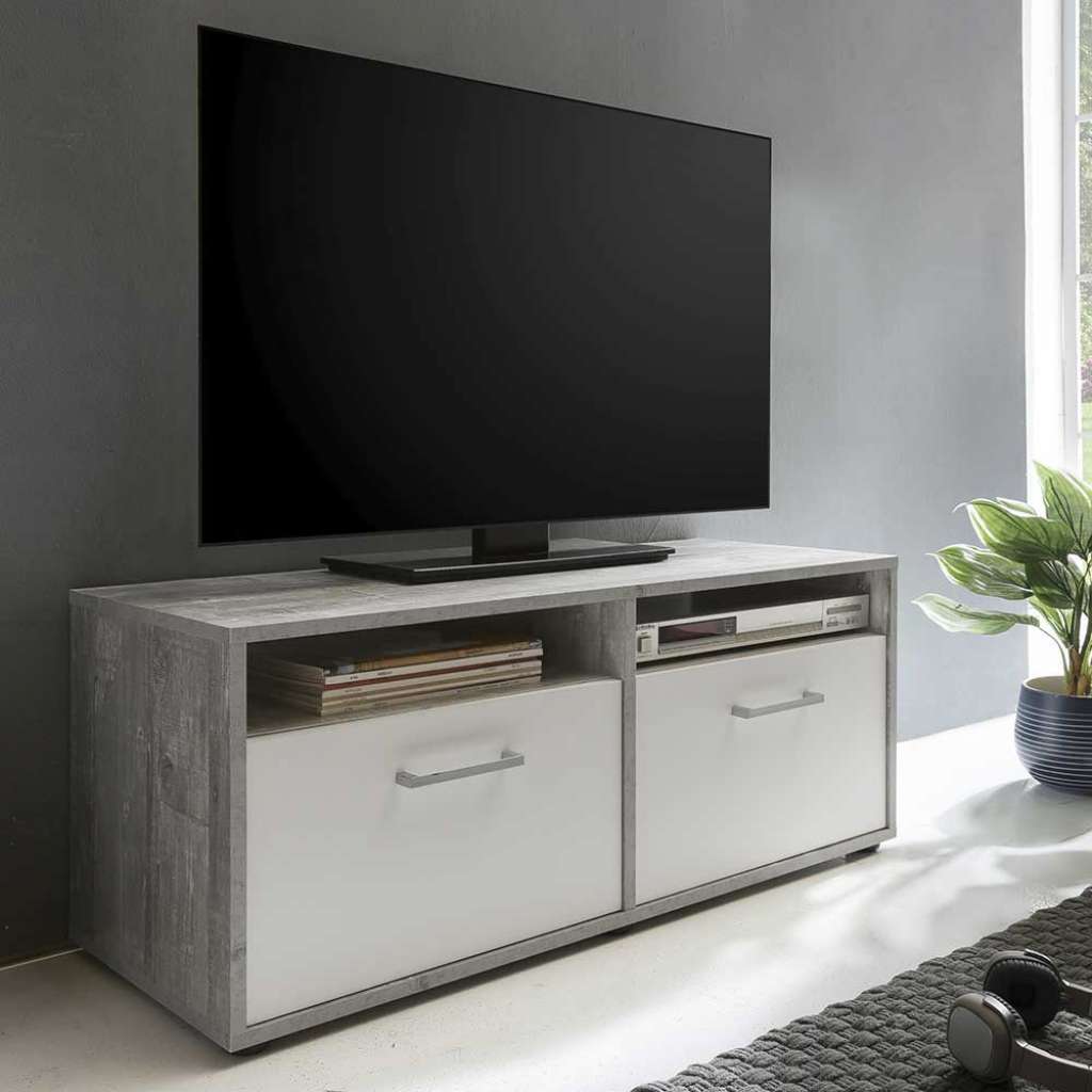 TV Board mit Klappen Weiß und Beton Grau