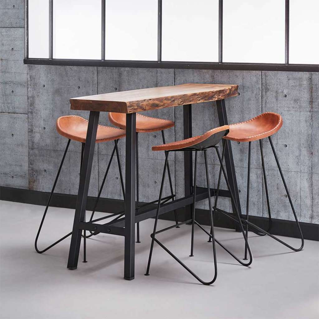 Küchenbar Set mit Baumkante aus Akazie massiv Braun Echtleder (5-teilig)