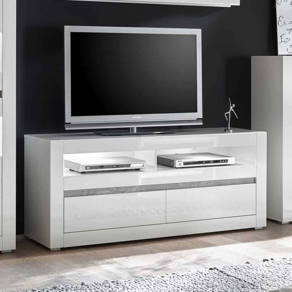 TV Lowboard in Weiß Hochglanz und Beton Grau 150 cm breit