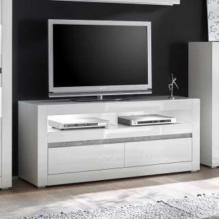 TV Lowboard in Weiß Hochglanz und Beton Grau 150 cm breit