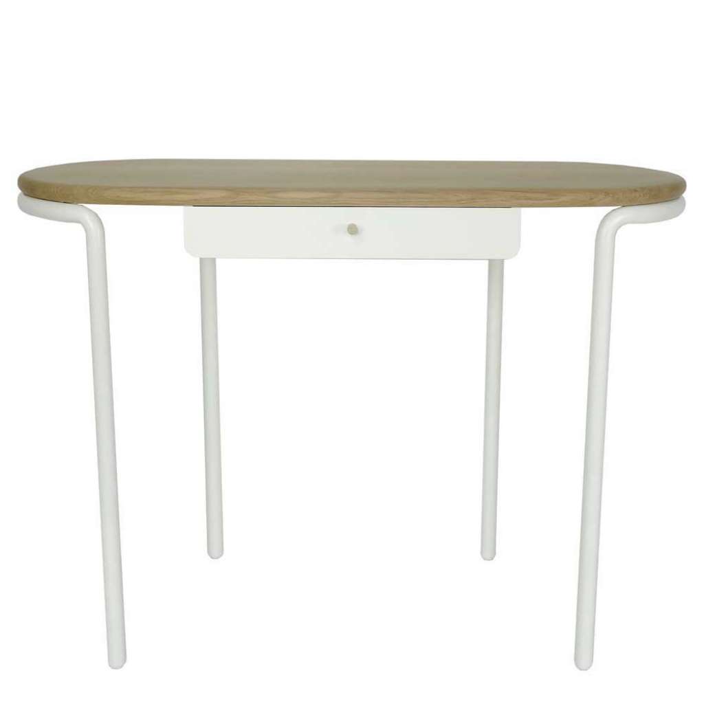 Laptopschreibtisch mit abgerundeter Tischplatte aus Eiche Metallgestell in Weiß