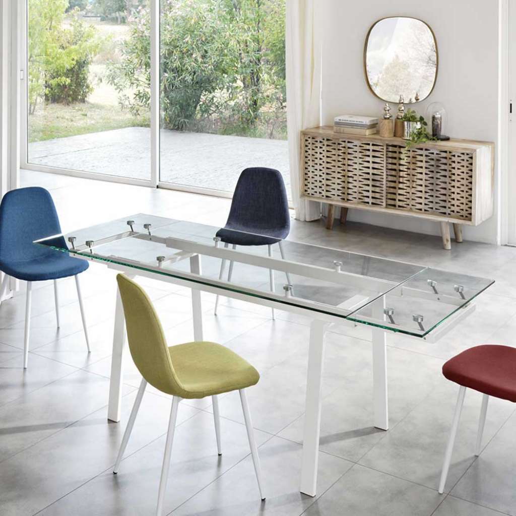 Glas Esszimmertisch aus Sicherheitsglas und Metall verlängerbar