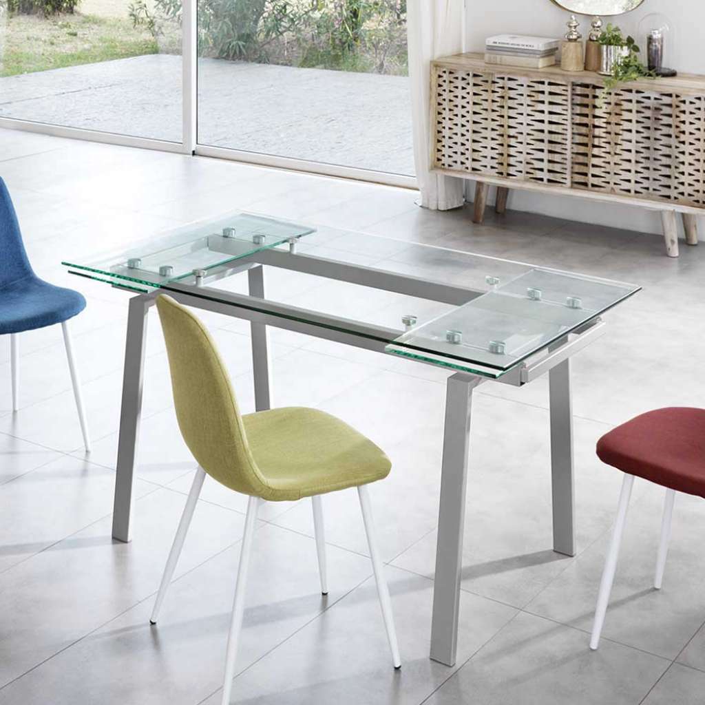 Esszimmertisch aus Sicherheitsglas und Metall verlängerbar