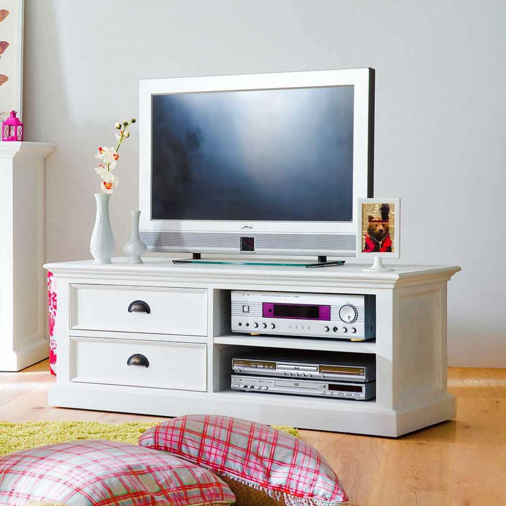 TV Unterschrank in Weiß massiv Landhaus 120 cm