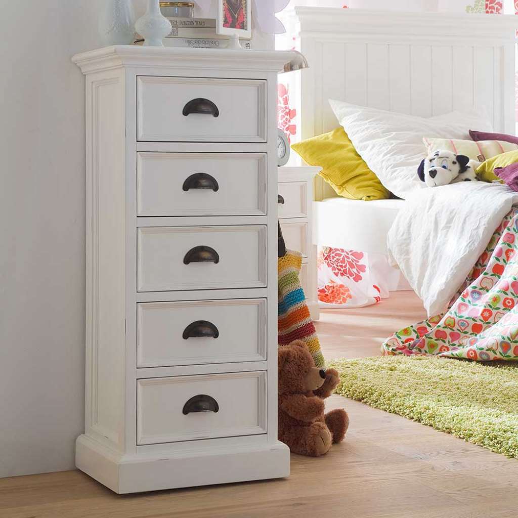 Landhaus Hochkommode in Weiß 5 Schubladen
