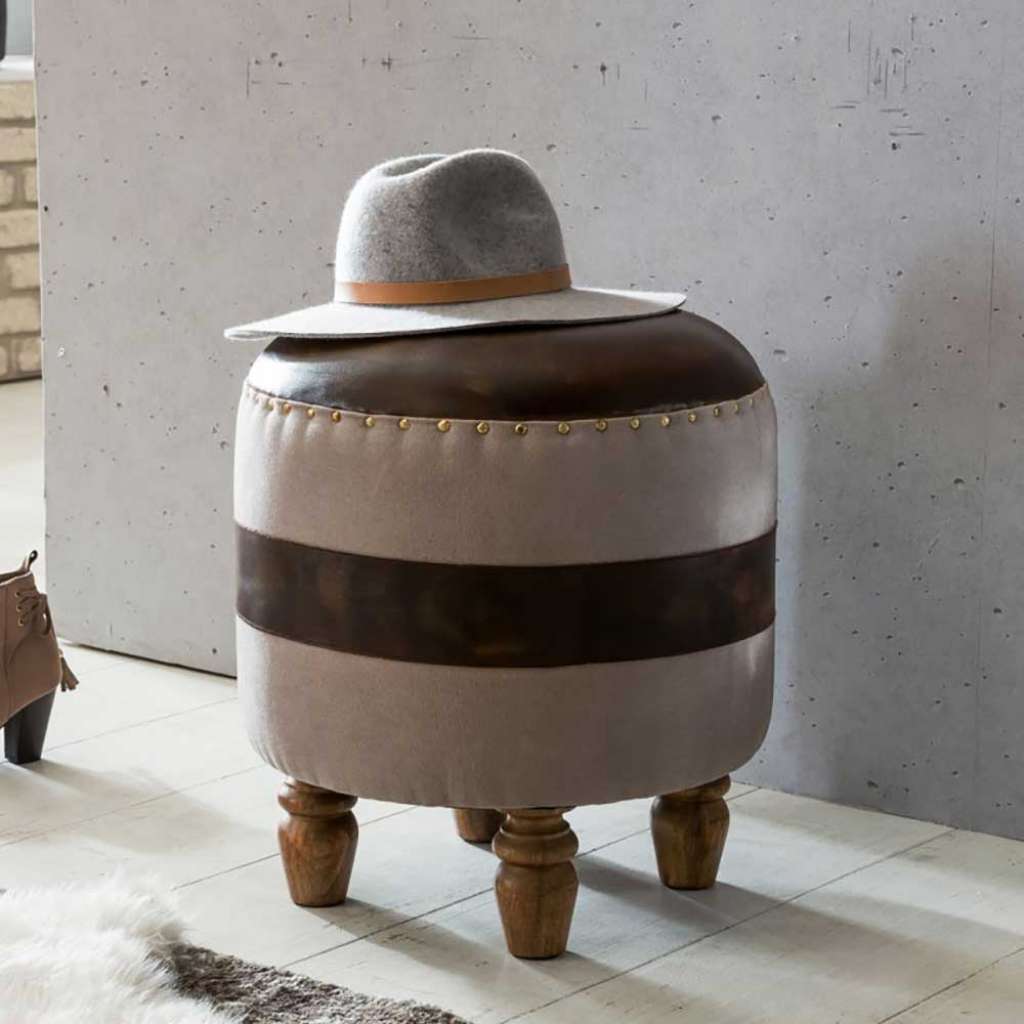 Runder Sitzhocker in Beige Braun Leder und Leinen