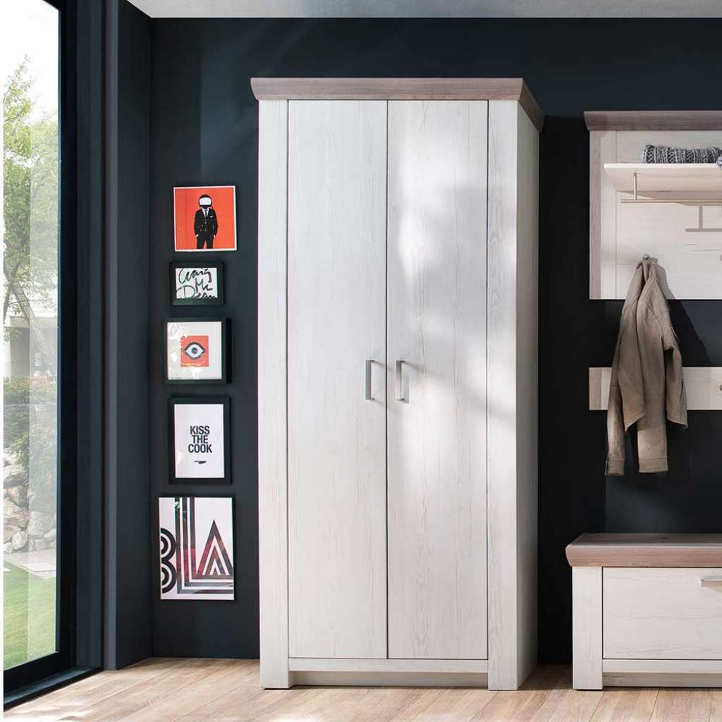 Garderobenschrank in Pinie Weiß und Eiche Landhausstil