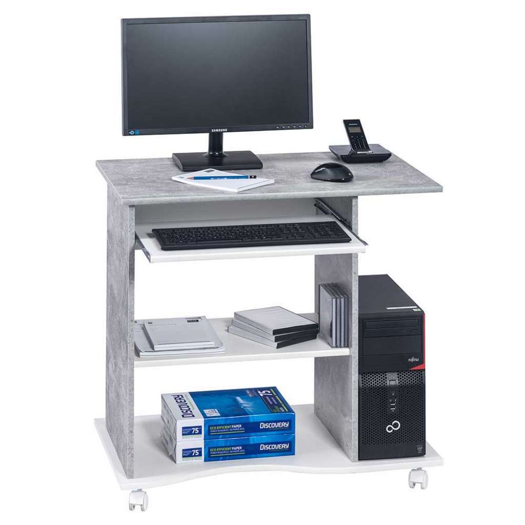 Computertisch mit Rollen Beton Grau und Weiß