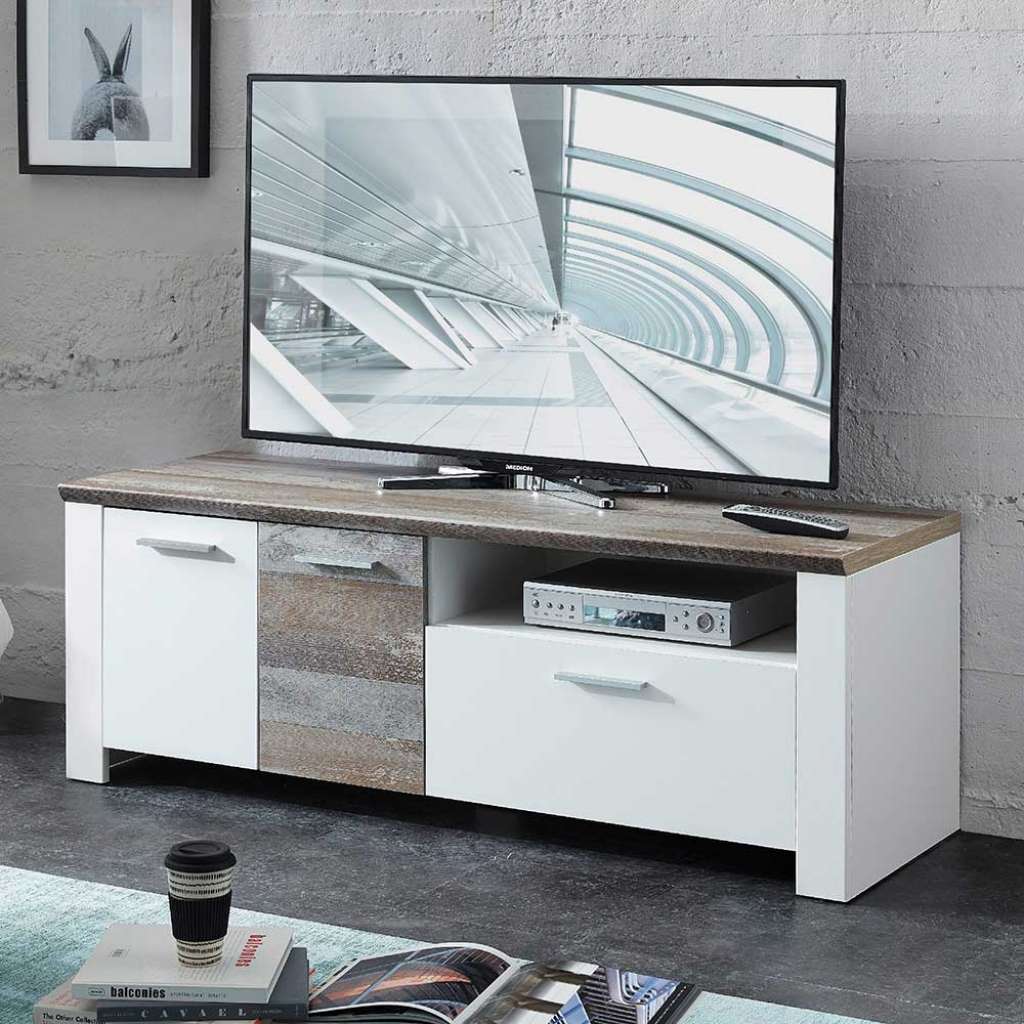 TV Board in Weiß und Treibholz Optik modern