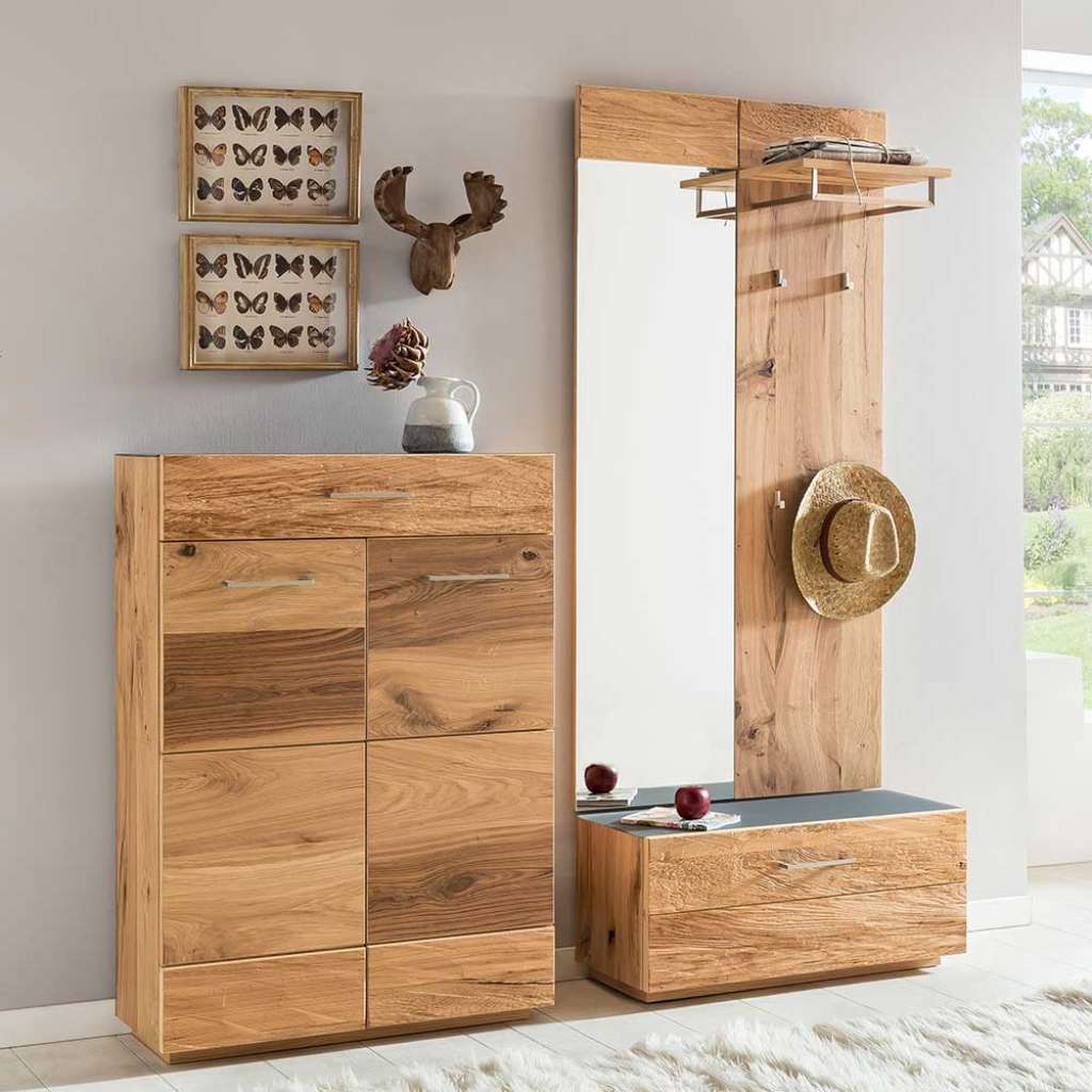 Flurgarderobenset Balkeneiche furniert Schuhschrank (4-teilig)