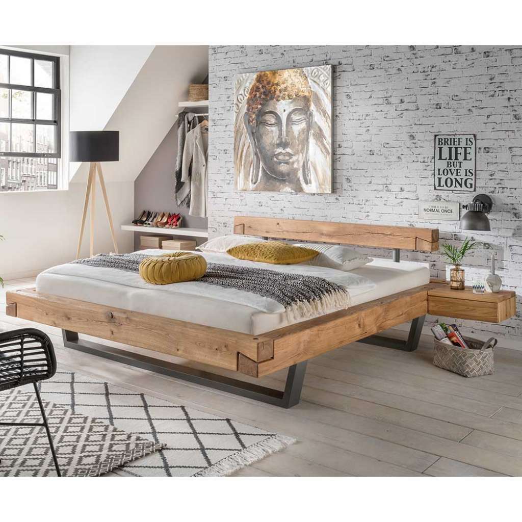 Wildeiche Balkenbett mit Nachtkonsolen Schwebeoptik (3-teilig)