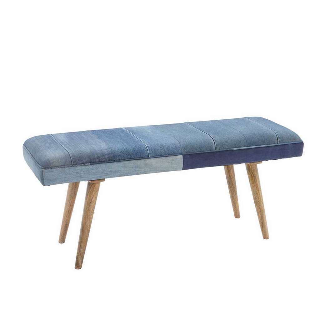 Sitzbank in Jeans Blau Stoff Holzbeinen
