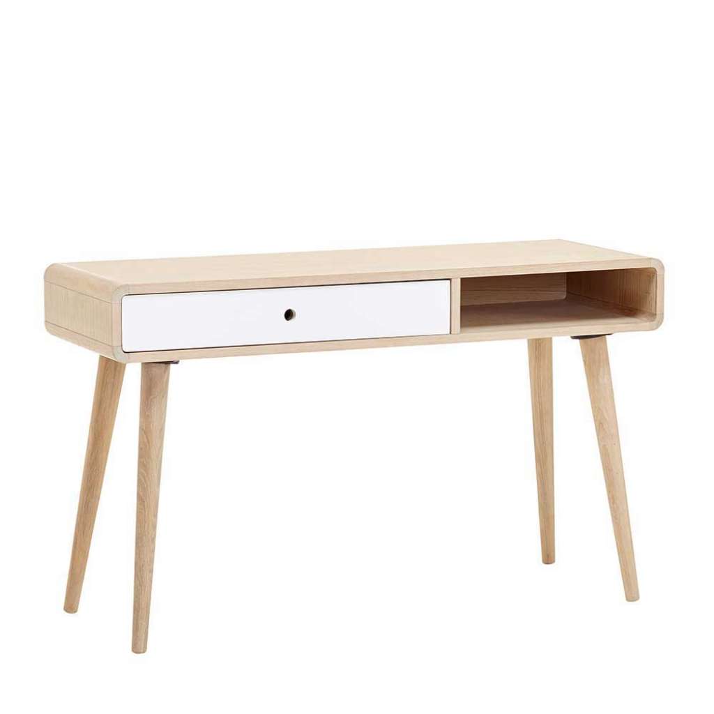 Retro Design Schreibtisch in Weiß und Eiche Schublade