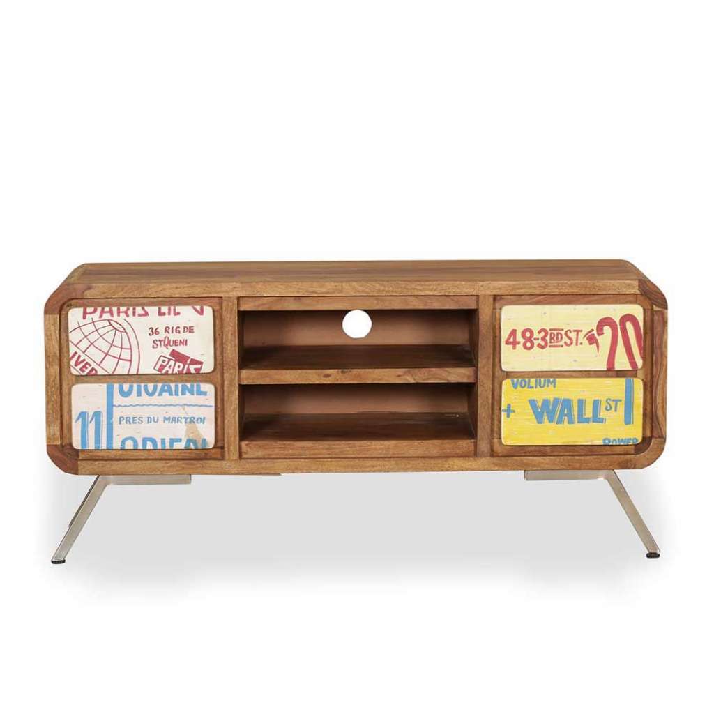Design TV Board mit bunten Schriftzügen Sheesham Massivholz