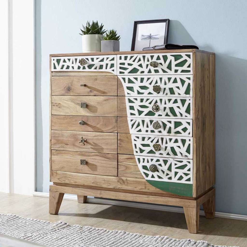 Design Schubkastenkommode in Weiß und Grün verziert Akazie Massivholz