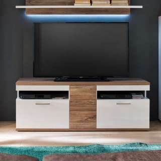 TV Bank in Weiß Hochglanz und Eiche Dekor 150 cm breit