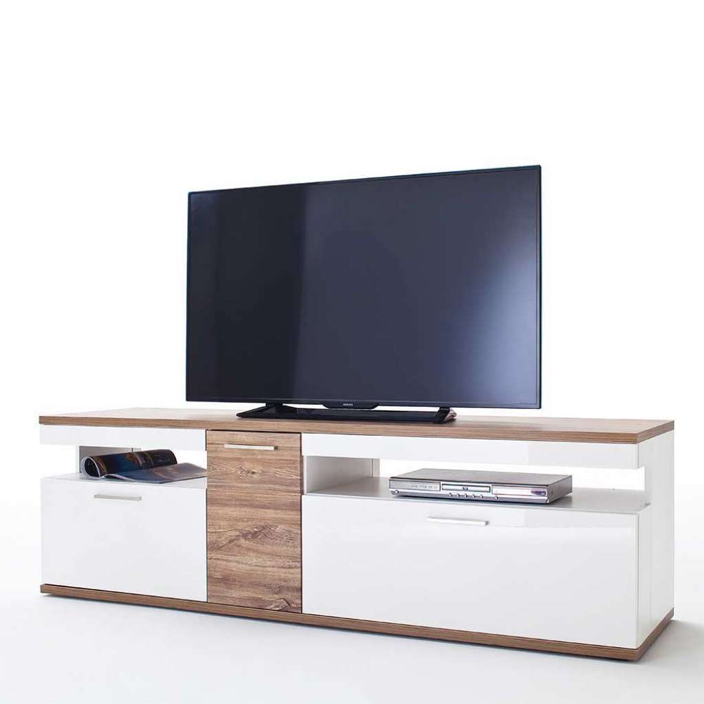 TV Lowboard in Weiß Hochglanz und Eiche Dekor 180 cm breit