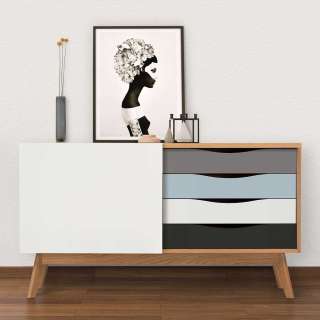 Auffälliges TV Sideboard mit Schiebetür in Weiß mehrfarbigen Schubladen
