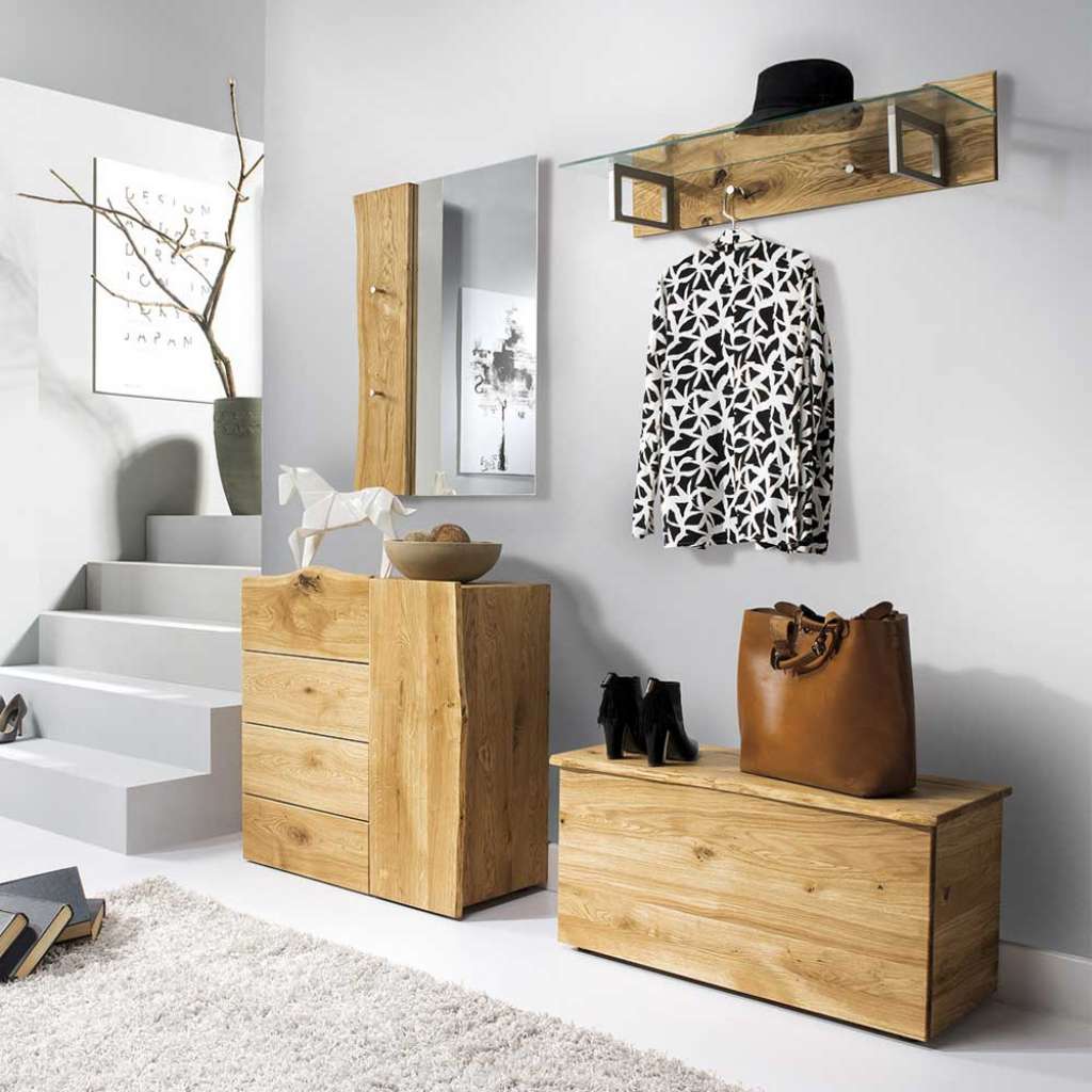 Baumkanten Garderoben Set aus Eiche Massivholz Landhausstil (4-teilig)