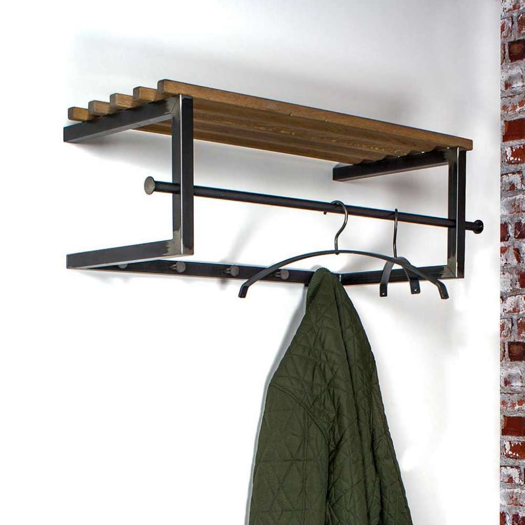 Flur Wandgarderobe in Anthrazit aus Stahl Hutablage aus Massivholz