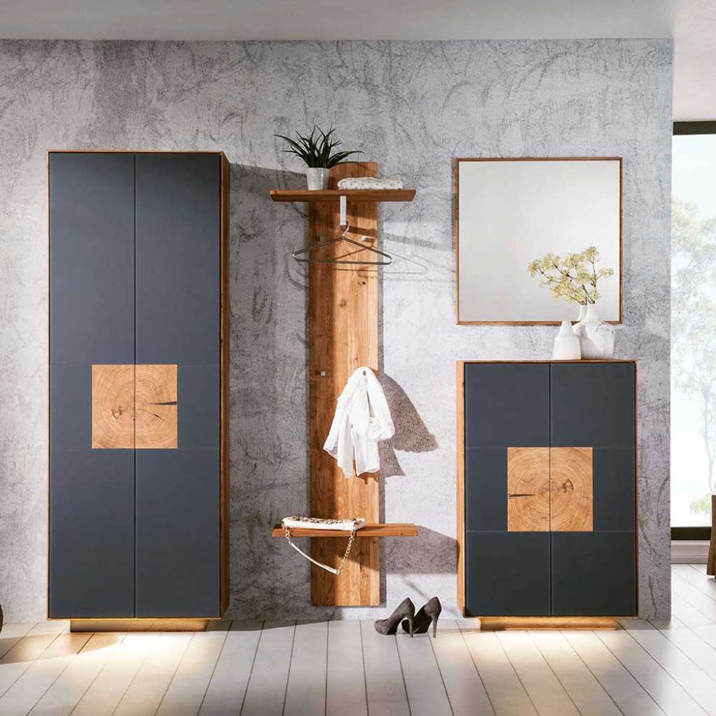 Design Garderoben Set in Anthrazit Wildeiche Massivholz (4-teilig)