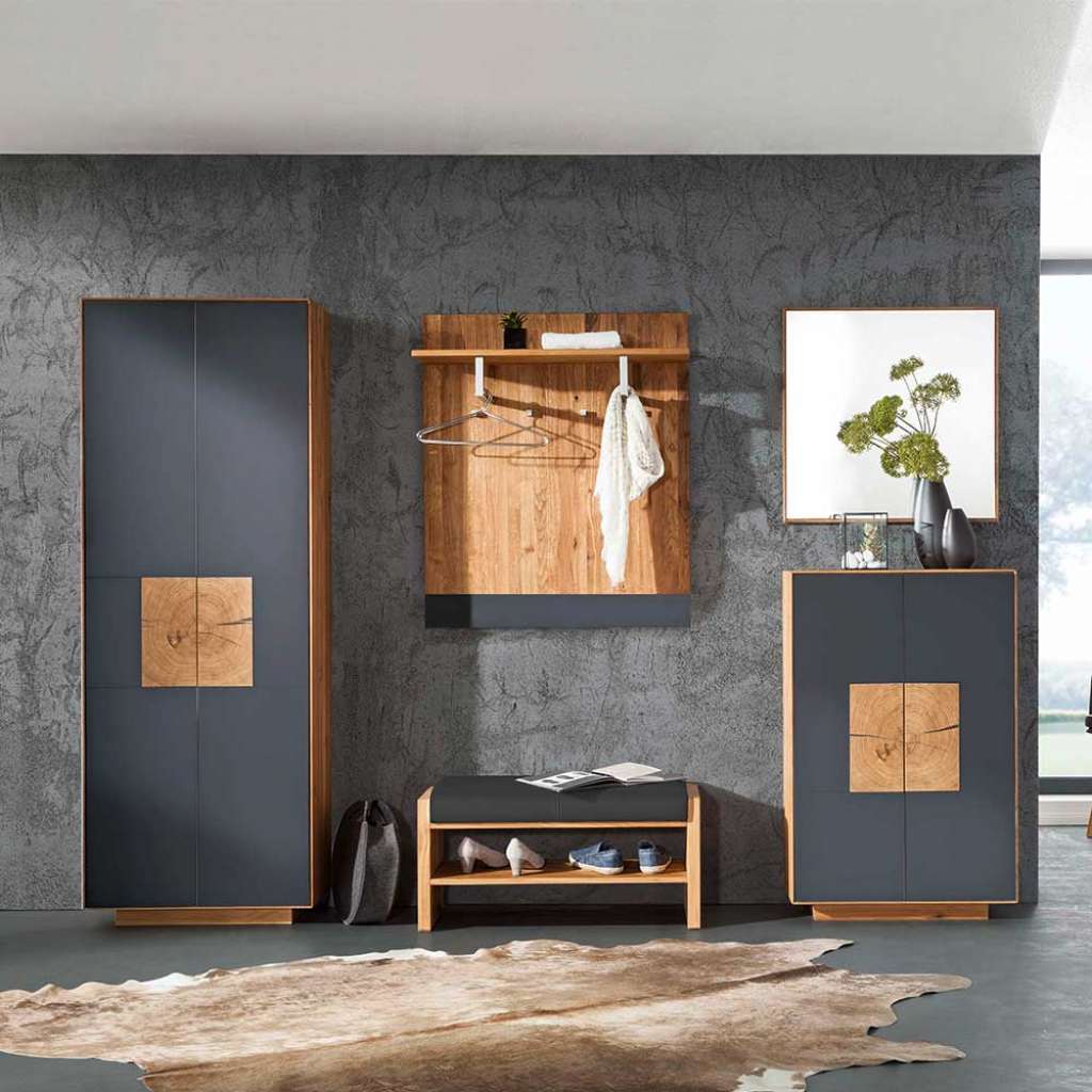 Garderobenset in Anthrazit Wildeiche Massivholz (5-teilig)
