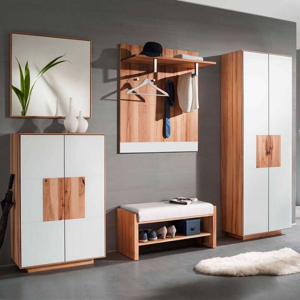 Dielen Set in Weiß mit Kernbuche Massivholz Made in Germany (5-teilig)