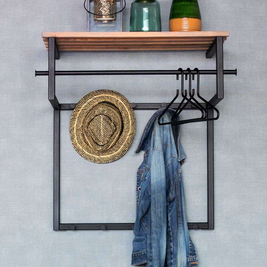 Industry Design Wandgarderobe aus Stahl in  Schwarz Hutablage aus Holz