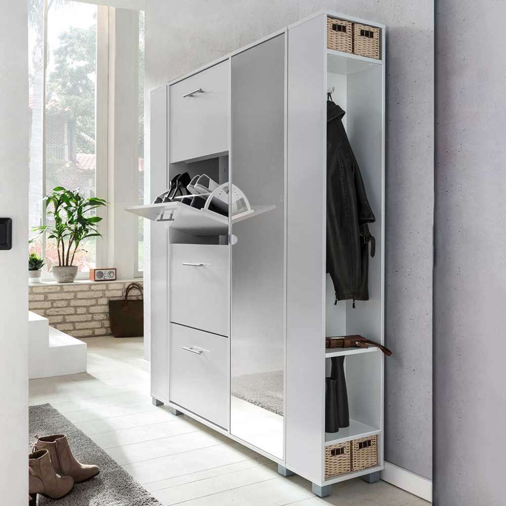 Kompaktgarderobe in Weiß Spiegeltür und Schuhklappen (3-teilig)