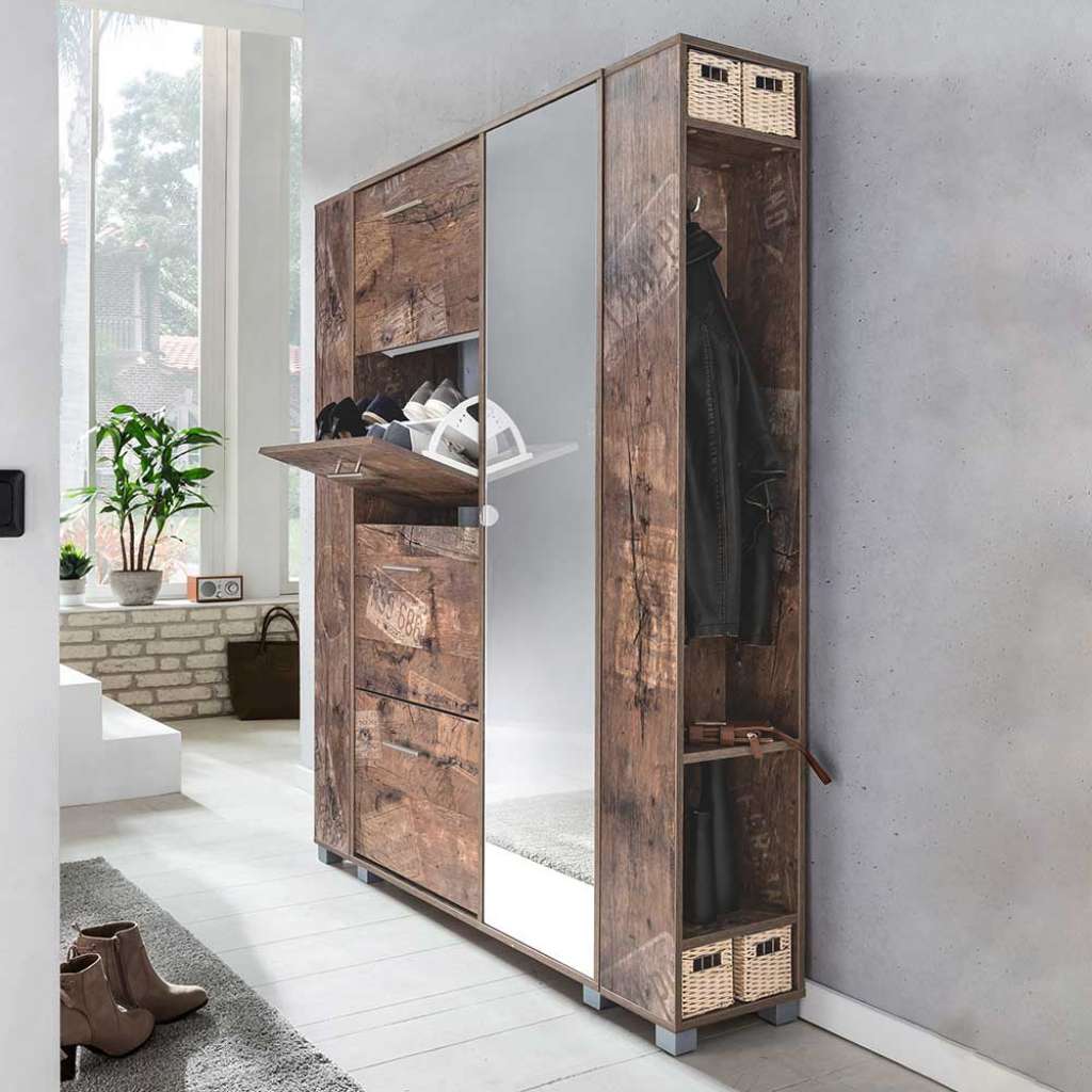 Kompakte Flurgarderobe in Holzpaletten Optik Schuhklappen (3-teilig)