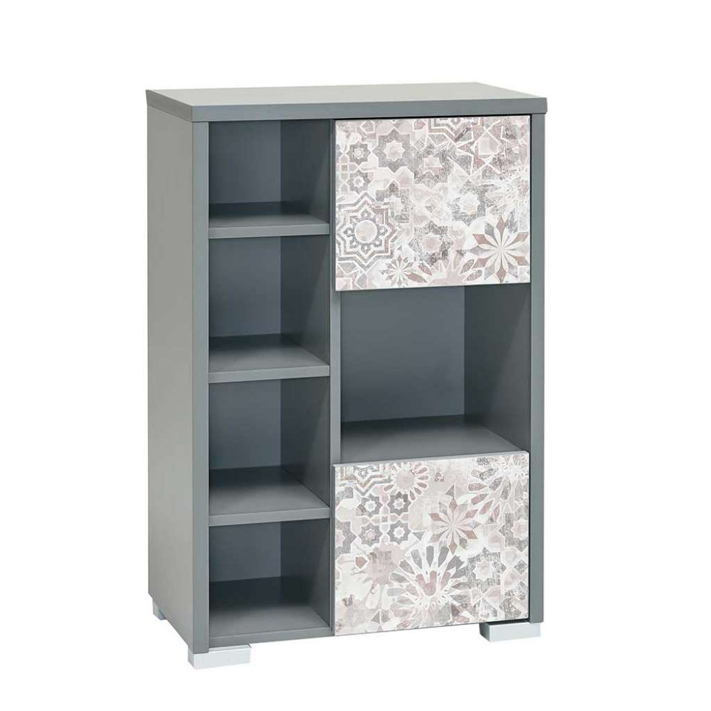 Badunterschrank mit Blumen Mustern dunkel Grau und Weiß