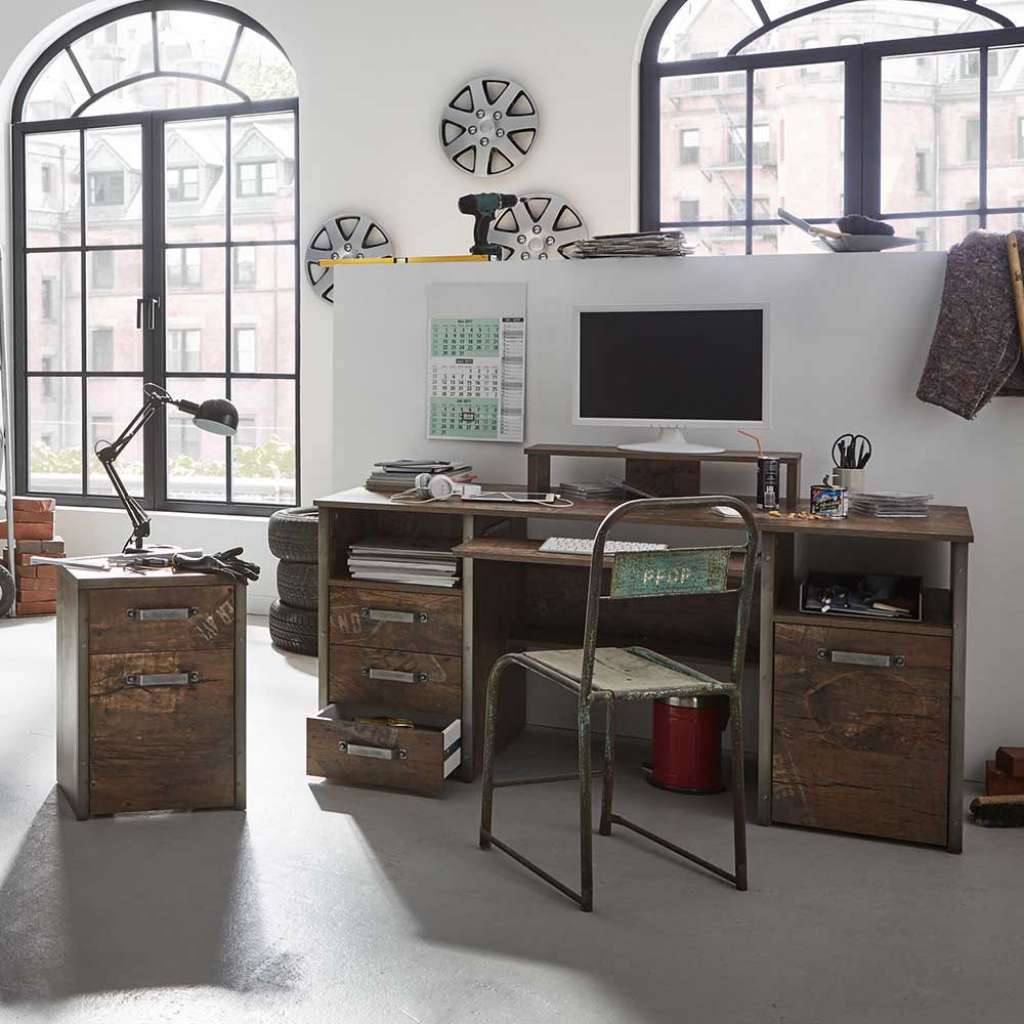 PC Schreibtisch im Dekor Eiche dunkel Loft Style (2-teilig)