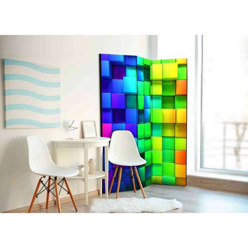 3D Paravent mit Neon Würfel Muster Bunt