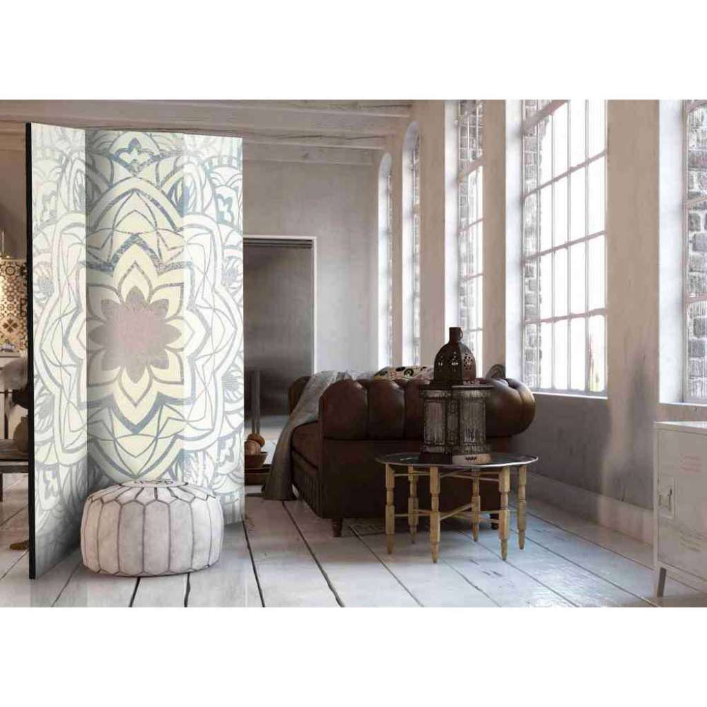 Raumteiler Paravent mit Mandala Motiv Hell Grau und Creme Weiß