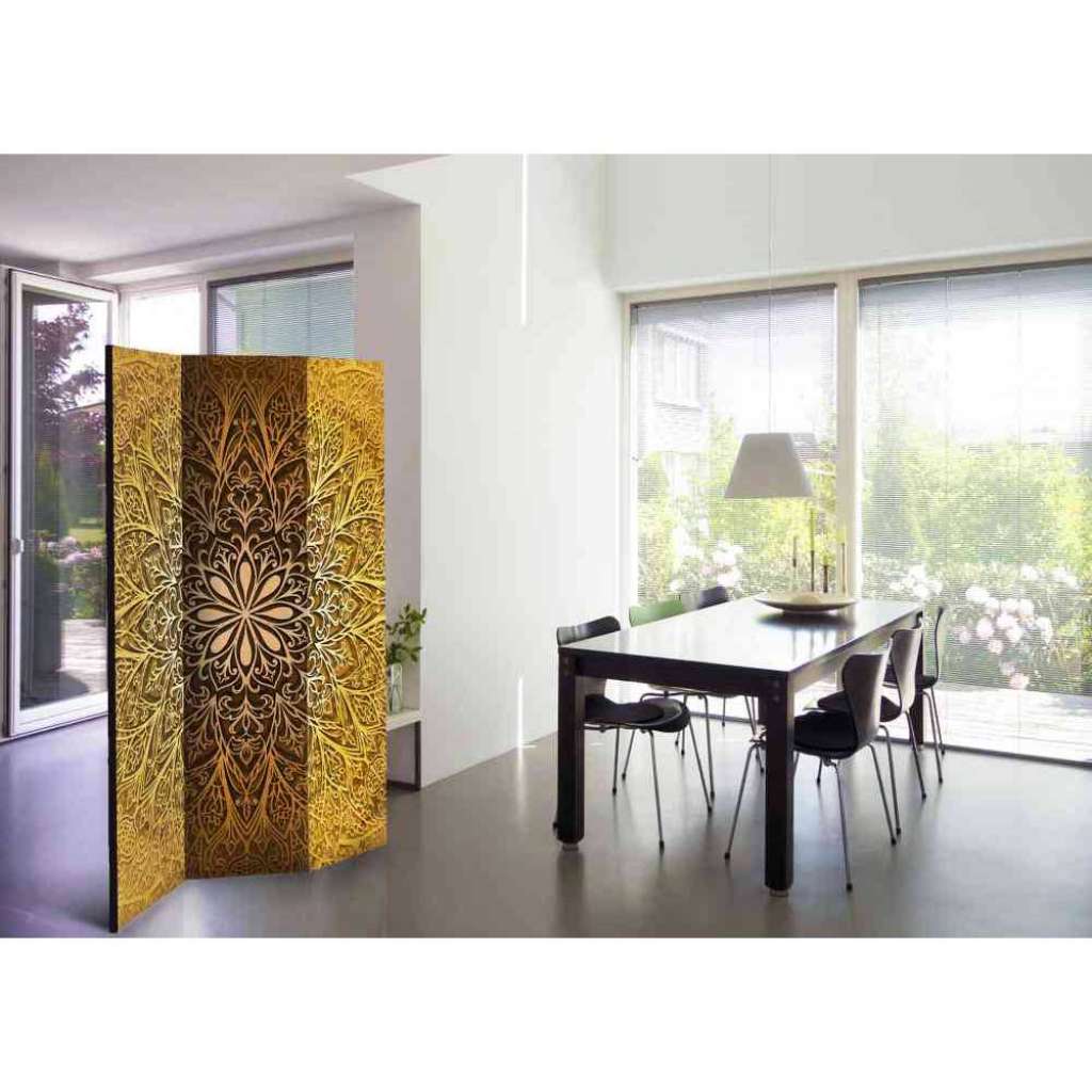 3 teiliger Paravent mit Mandala Muster Braun und Goldfarben