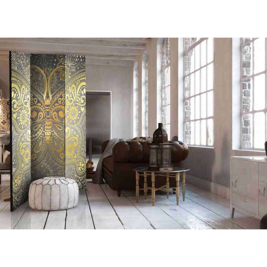 Raumteiler Paravent mit Schmetterling Goldfarben und Schwarz