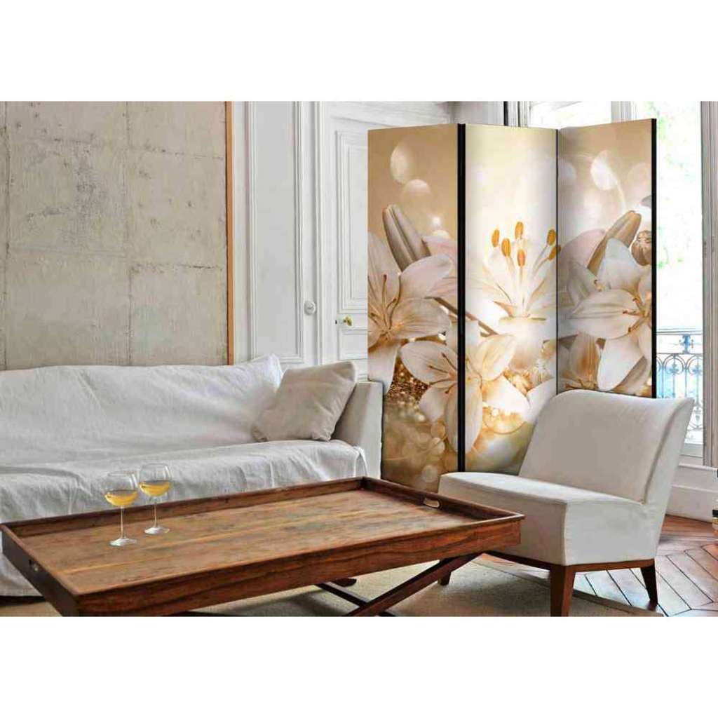Paravent in Beige und Creme Weiß Lilien Blüten Motiv