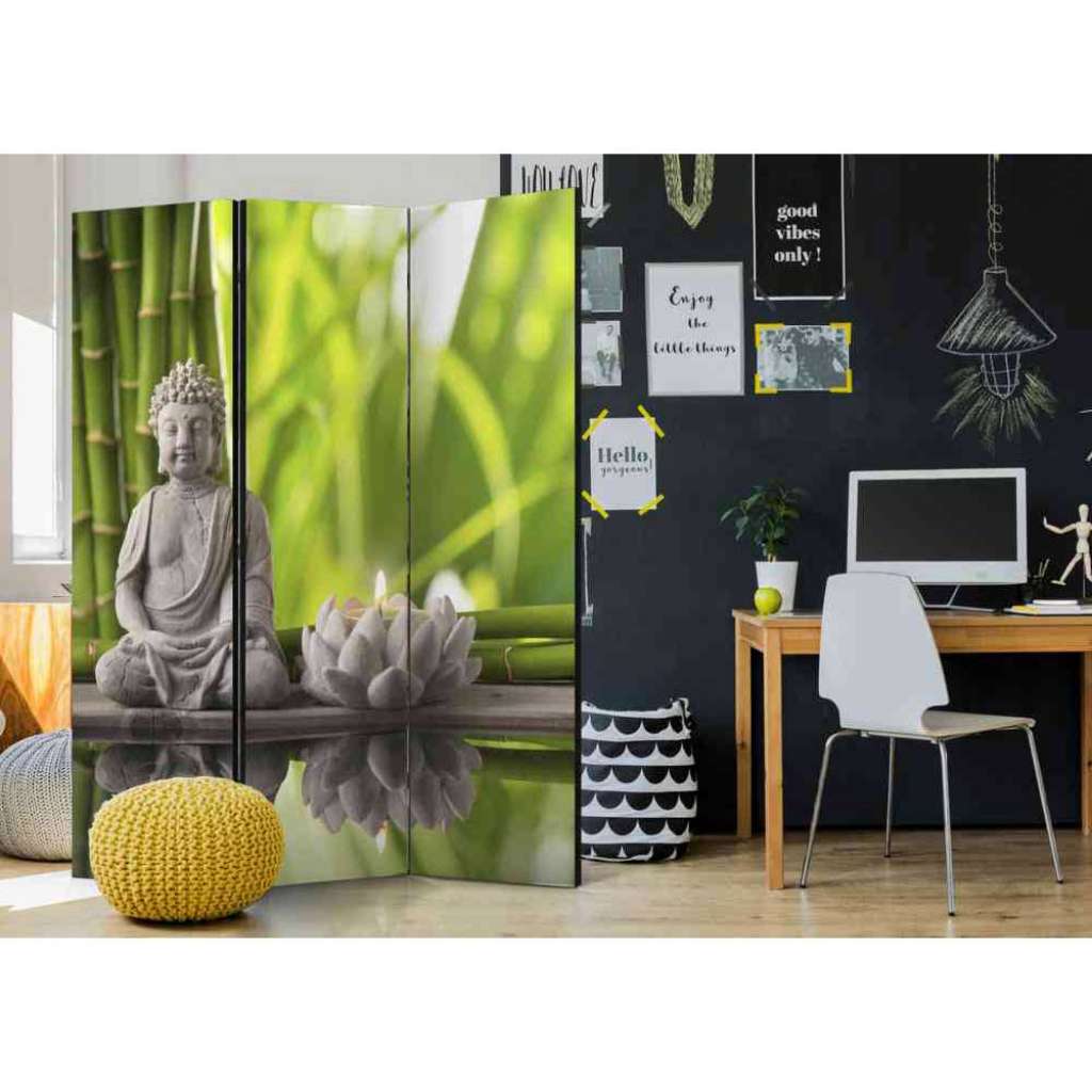 Spanische Wand mit meditierendem Buddha Grau und Grün