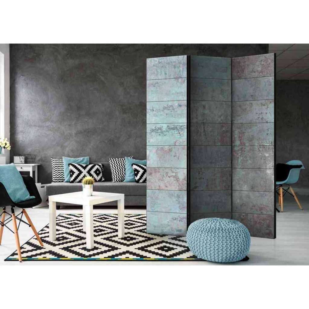 3 teiliger Paravent in Türkis und Grau Betonwand Optik modern