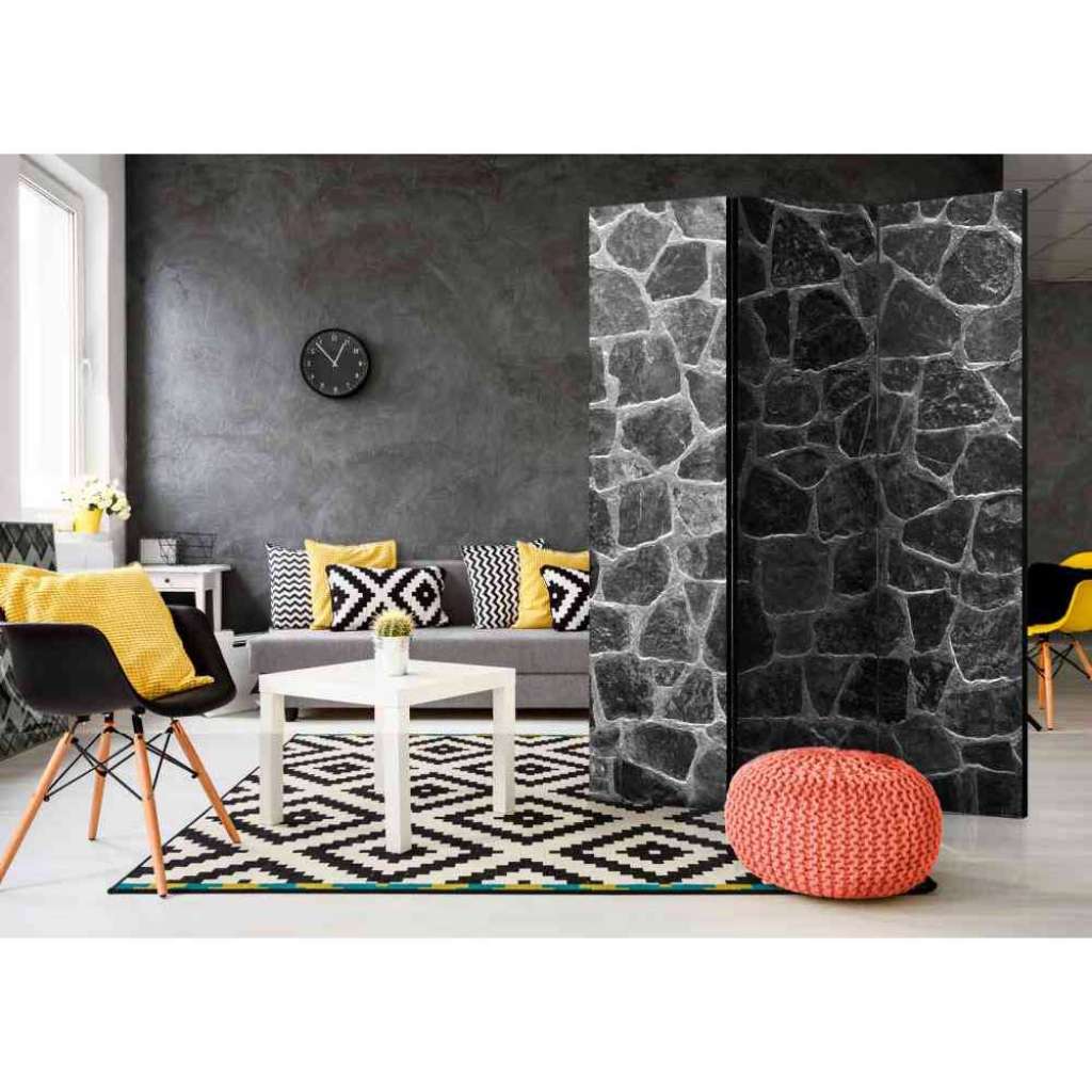 Spanische Trennwand mit Natursteinmauer Motiv Grau und Schwarz