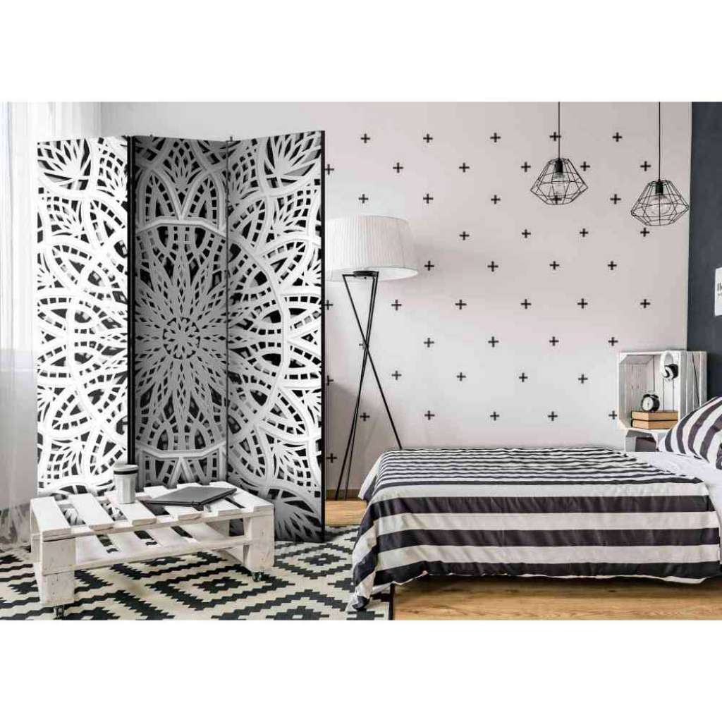 Mandala Motiv Paravent in Schwarz und Weiß 135 cm breit