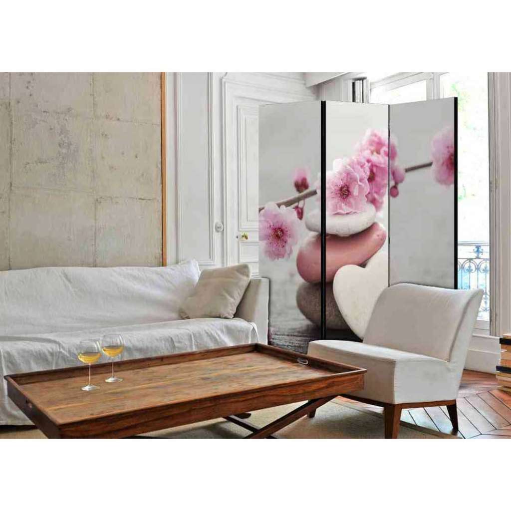 Design Paravent mit Steinen und Kirschbaumblüten modern
